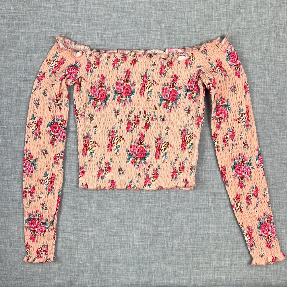 Self Esteem Pink Floral Printed Smocked Off Shoulder Top Juniors Size Small - Picture 2 of 5